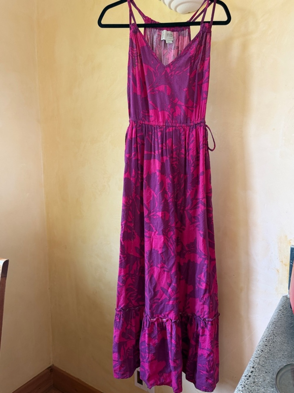 Anthropologie Fuchsia Floral Maxi Dress with Adjustable Waist 100% cotton